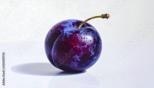 A single, close-up photograph showcasing a glossy, dark purple fruit with droplets on its skin against a plain white background