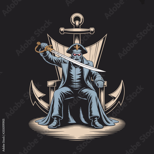 Schilderij op canvas Pirate Sitting on Anchor Throne Sword.