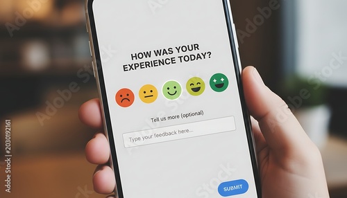 Young Hand Holding Smartphone Showing Feedback Survey Screen