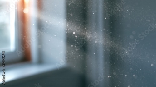 Fine dust particles floating in the air illuminated by sunlight from a window.