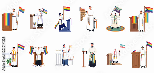 Foto Set of flat vector illustrations of LGBTQ+ inclusive clergy members with progress pride flags in a church setting promoting diversity and equality