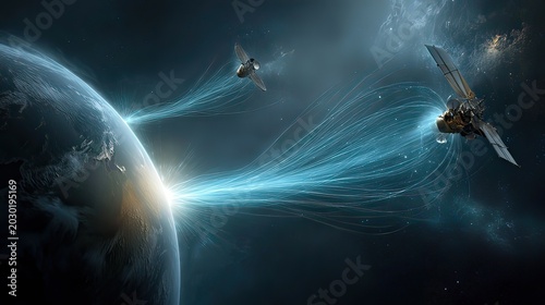 Satellites Orbiting Earth with Energy Streams Highlighting Cosmic Phenomenon in Deep Space