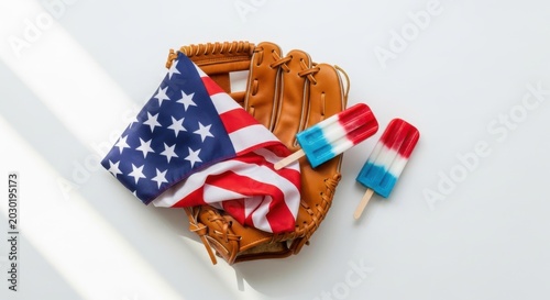 Baseball glove with american flag and red white blue popsicles