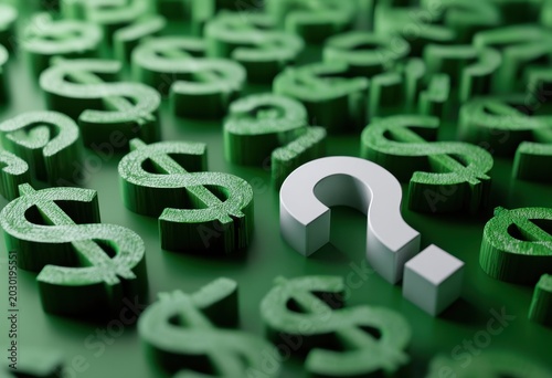 White Question Mark Among Green Dollar Signs 3D Illustration