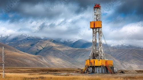 Heavy drilling rig in remote mountainous landscape under dramatic cloudy sky showcasing industrial energy exploration