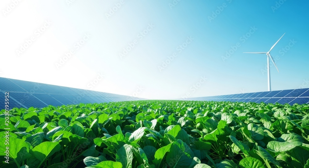 Obraz premium Lush green organic vegetable fields thrive under a bright sun, featuring sustainable solar panels and wind turbines for clean energy farm, diversity, landscape, ecology