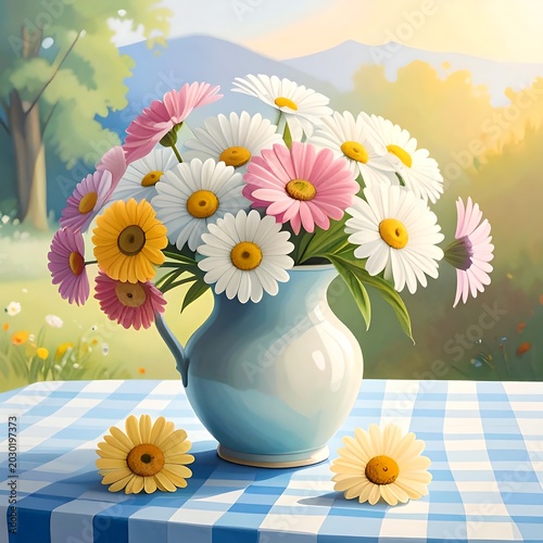 Colorful flowers in a blue pitcher on a checkered tablecloth outdoor s