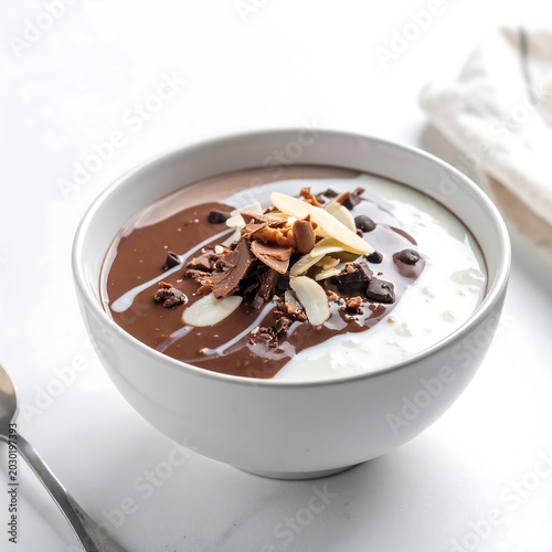 Delicious chocolate pudding with almonds and chocolate shavings in whi