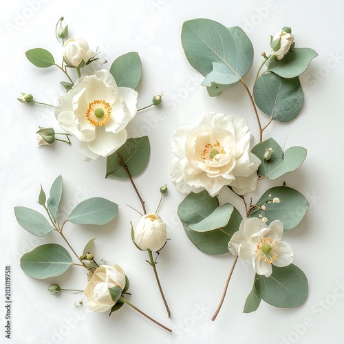 White roses and eucalyptus leaves arrangement floral design