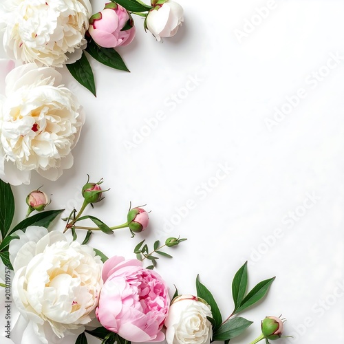 Beautiful white and pink peonies floral border design