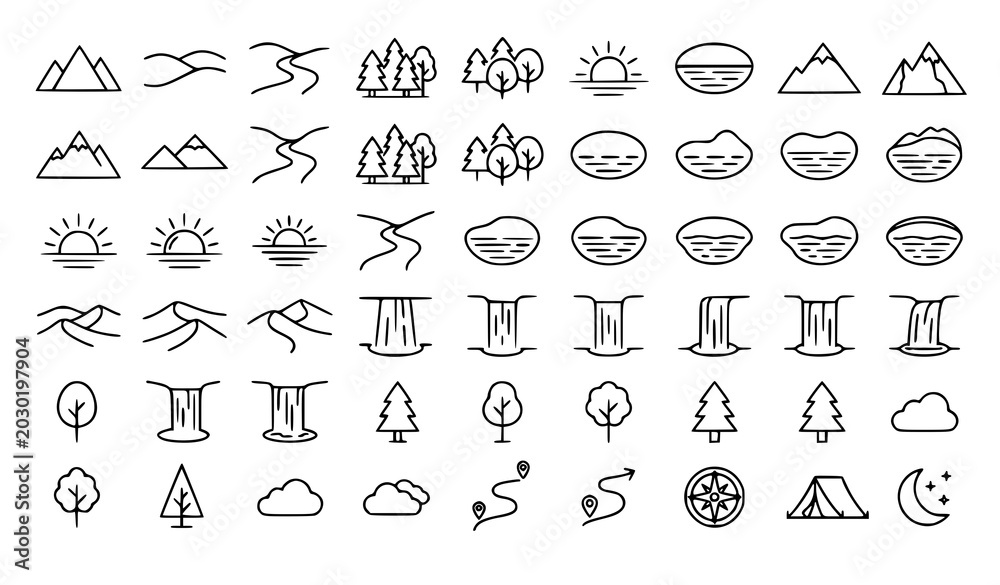 Fototapeta premium Landscape icons vector thin line nature scenery editable stroke set