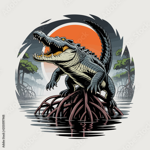 Принти на полотні Large crocodile standing in water opening mouth.