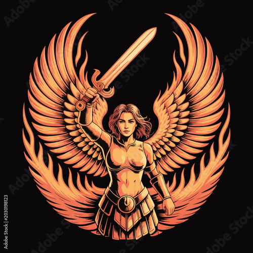 Fotografia Woman with wings and sword standing.
