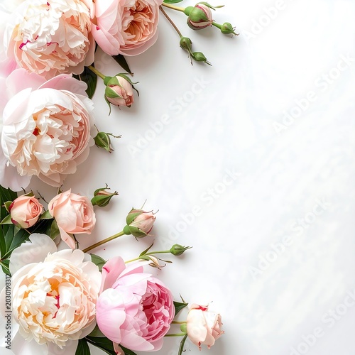 Pink peony flowers border on white background