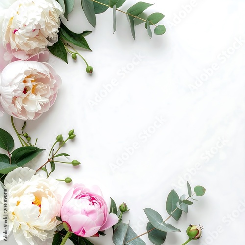 beautiful pink and white peonies with green eucalyptus leaves on white