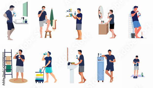 Fotografie Set of Illustrations Showing a Man Using Mouthwash as Part of His Daily Bathroom