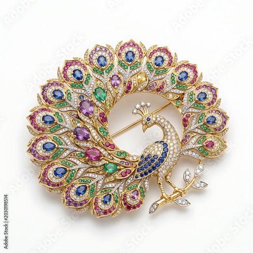 vintage peacock brooch with colorful gemstones and rhinestones