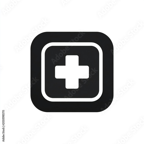 A simple black and white plus sign icon centered on a square button with a double border, representing medical or health symbols in a clean, minimalist style.