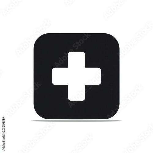 Clean and simple white plus-shaped medical cross icon centered on a flat black square background, isolated on white with soft shadow for depth.