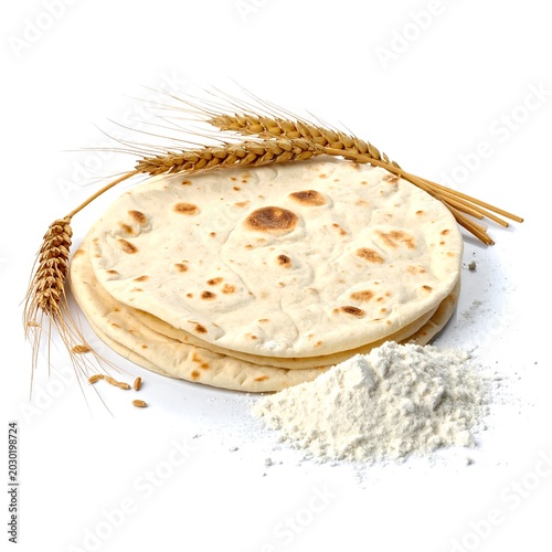 Stack of traditional flatbread tortillas with wheat and flour isolated