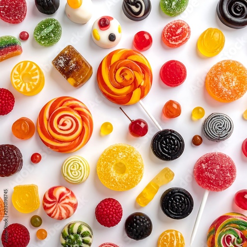 Assorted colorful candies and sweets on white background