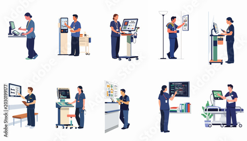 Fotografía Flat vector illustration set of medical professionals using digital technology and software interfaces for hospital management and patient care