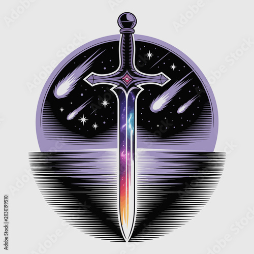 Tableau sur toile Sword with colorful blade and cross.