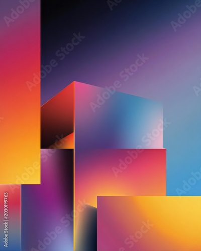 Minimalist abstract composition featuring stacked geometric blocks with smooth gradient transitions of pink, orange, purple, and blue hues against a blurred background.