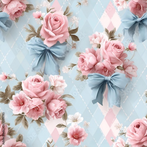 Close-up of a delicate floral pattern featuring soft pink roses tied with blue ribbons on a light blue fabric background, elegant and vintage style.