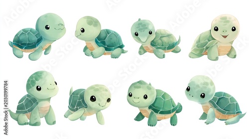 Collection of cute, colorful hand-drawn cartoon turtles with different expressions and postures, isolated on a clean white background.