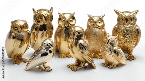 Seven detailed golden barn owls with textured feathers perched closely together on a plain white background in a studio setting.