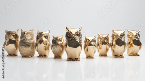 Six detailed owl figurines in gold and silver metallic finishes, arranged in a straight row against a plain white backdrop, evoking a clean and elegant decorative aesthetic.