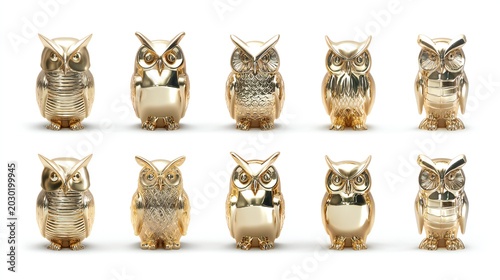 Nine intricately detailed owl figurines, each placed inside clear glass jars with metal lids, arranged in three rows on a bright white background.