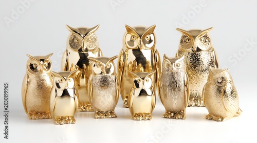 A collection of six intricately designed golden owl figurines standing in a straight row against a plain white background, showcasing a sleek and elegant minimalist style.