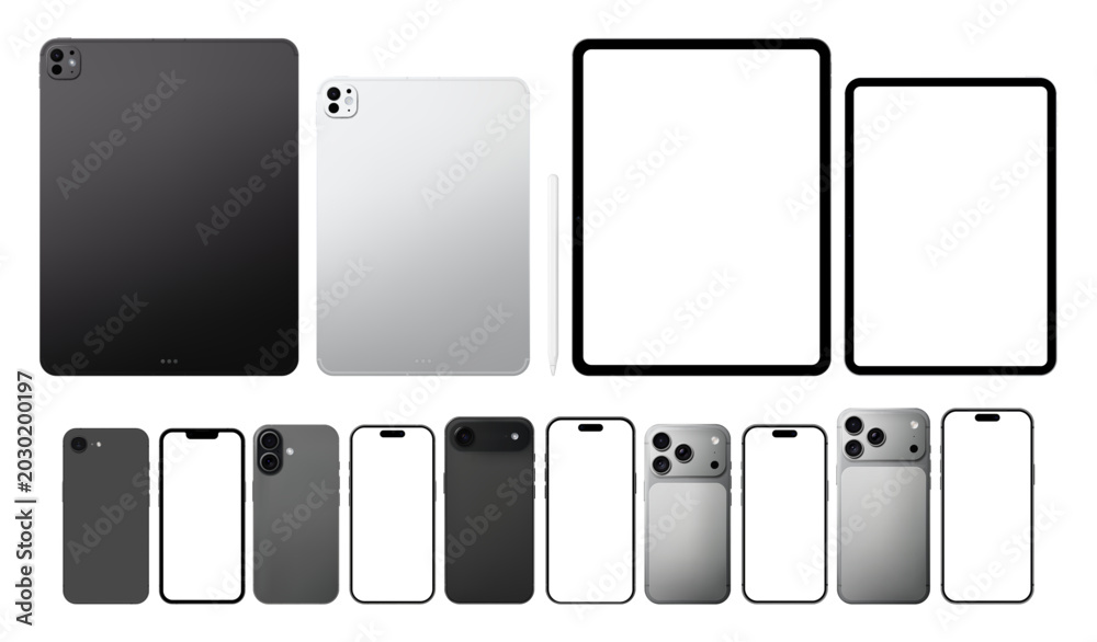 Obraz premium Photorealistic black and silver mobile devices collection mockup: smartphones and tablet pc with stylus. Front and back views isolated on transparent background. Vector PNG