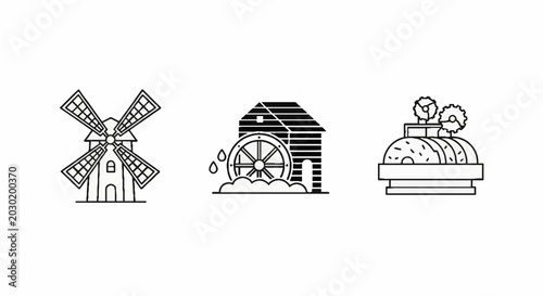 Vintage windmill waterwheel and bakery production icons set.