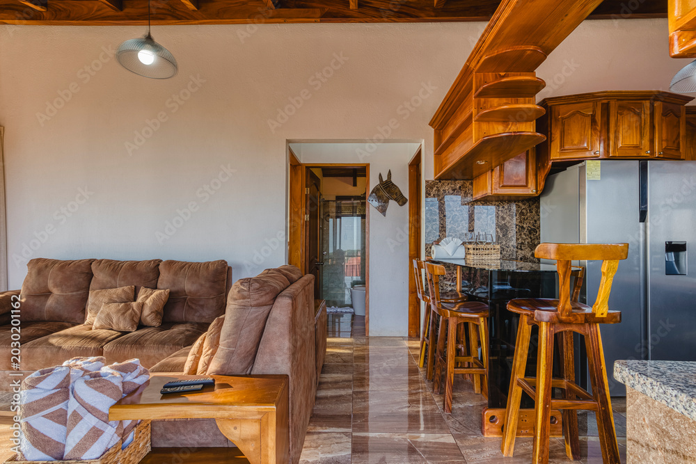 Φωτογραφία Living room and kitchen combo in a rustic apartment