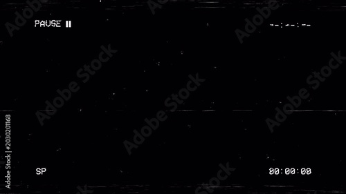 Vhs pause overlay with glitch static grain on a black video frame. Perfect for retro video editing projects and nostalgic visuals. 4k - alpha channel