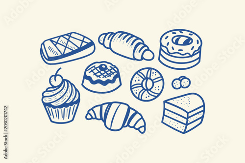 Tablou pe pânză Collection of delicious baked goods and pastries hand-drawn doodle style coffee