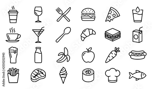Photos Cafe and restaurant food line icon vector set with fast food bakery drinks fruit