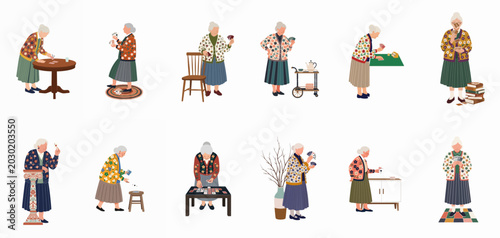 Bild auf Leinwand Collection of flat illustrations featuring an elderly woman in floral cardigans playing various card games and solitaire in different poses and settings