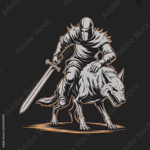 Fotografi Knight Riding Wolf with Sword.