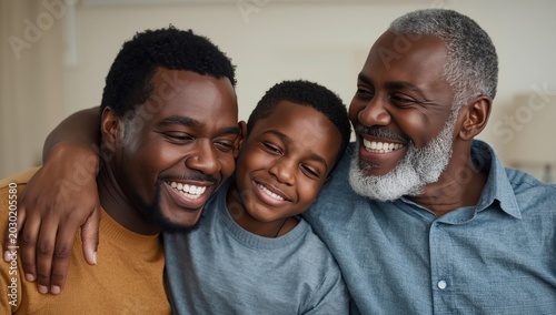 Three generations of african american men smiling together in a warm indoor setting for a family portrait session
