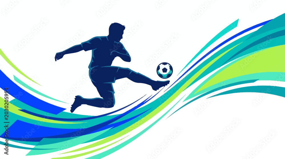 Obraz premium Silhouette of soccer player kicking ball with dynamic colorful wave design