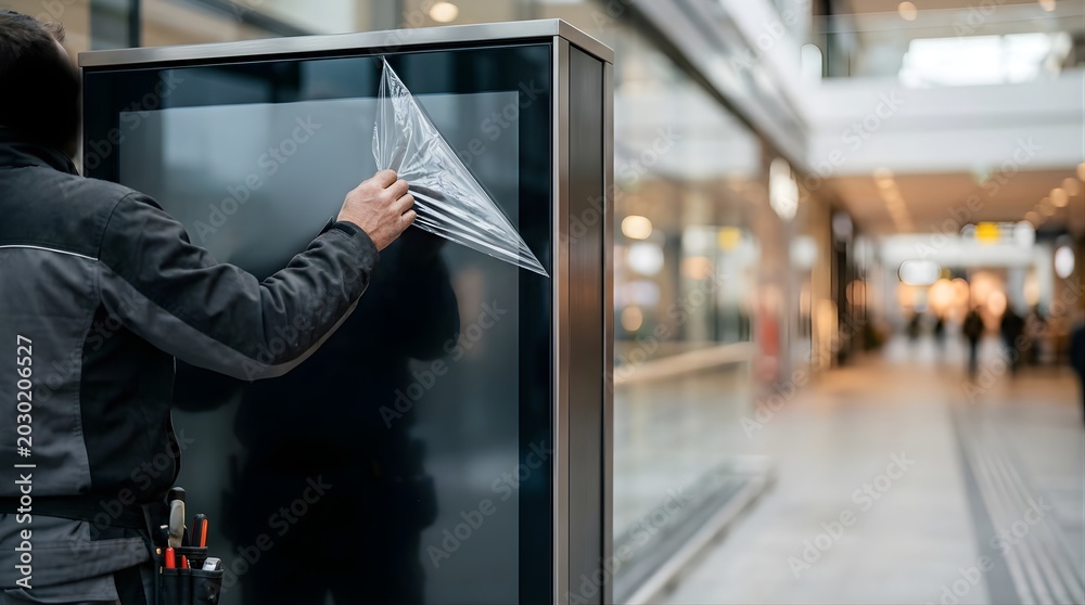Obraz premium Worker removing protective film from a blank digital display in a mall