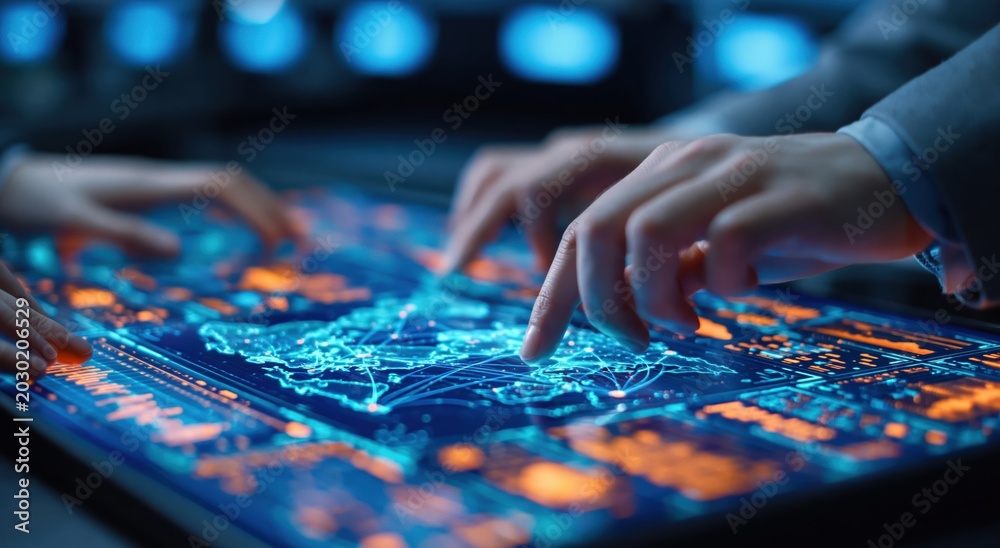 Fototapeta premium Technology hands touch digital interface showing complex data analytics and network connection