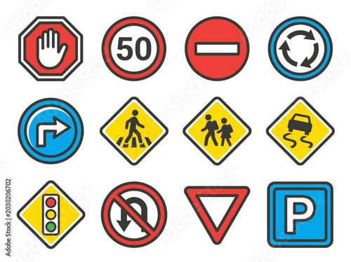 Road Traffic Signs for Driver Safe. Essential traffic symbols for stop, parking, speed, and school zones