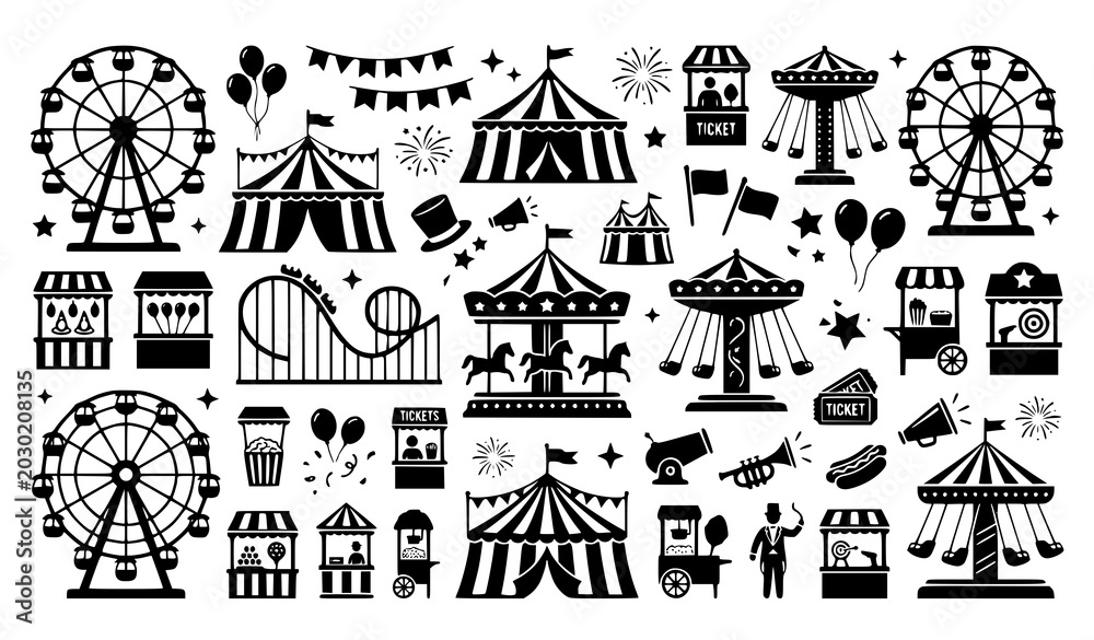 Αυτοκόλλητο Modern amusement park silhouette icon set with circus tent ferris wheel carousel