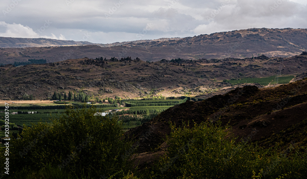 Obraz premium central otago new zealand schist rock formations mountains hills cliffs textures rugged with lake river background landscape nature scenic