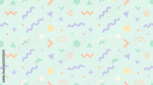 Playful pastel geometric shapes pattern on light green background with geometric